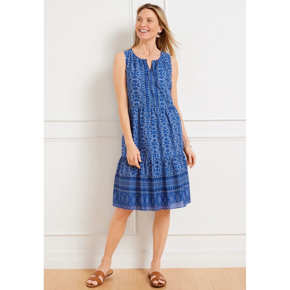 Talbots Women's Blue Oval‎ Medallion Voile Sleeveless Swing Dress Small New $129